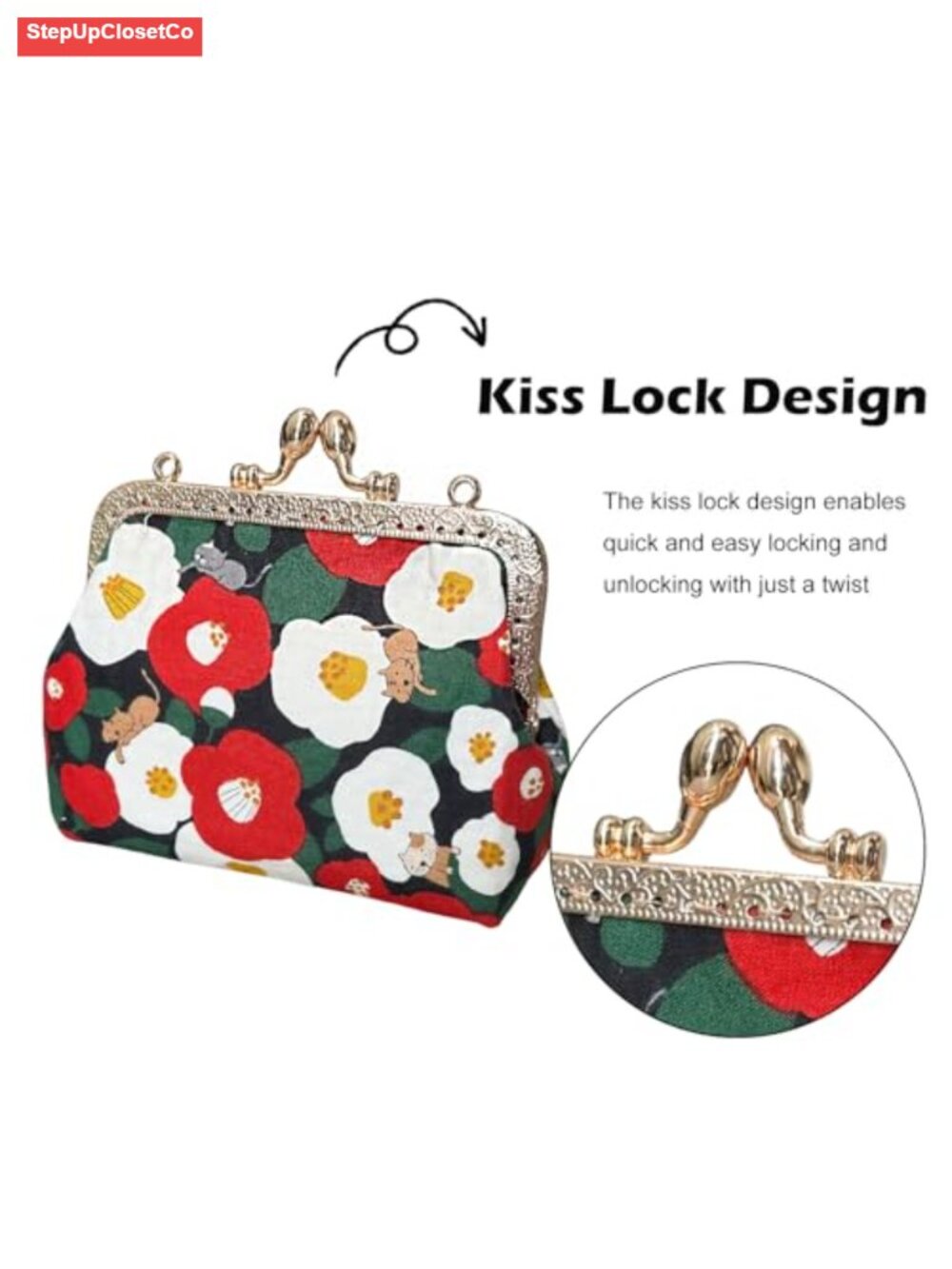 Vintage Floral Kiss Lock Clutch Handmade Japanese Cotton Coin Pouch Small Wallet - Picture 3 of 6